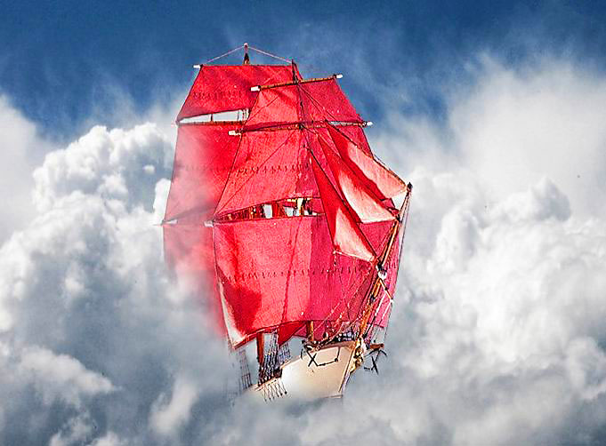 корабль с алыми парусами в облаках